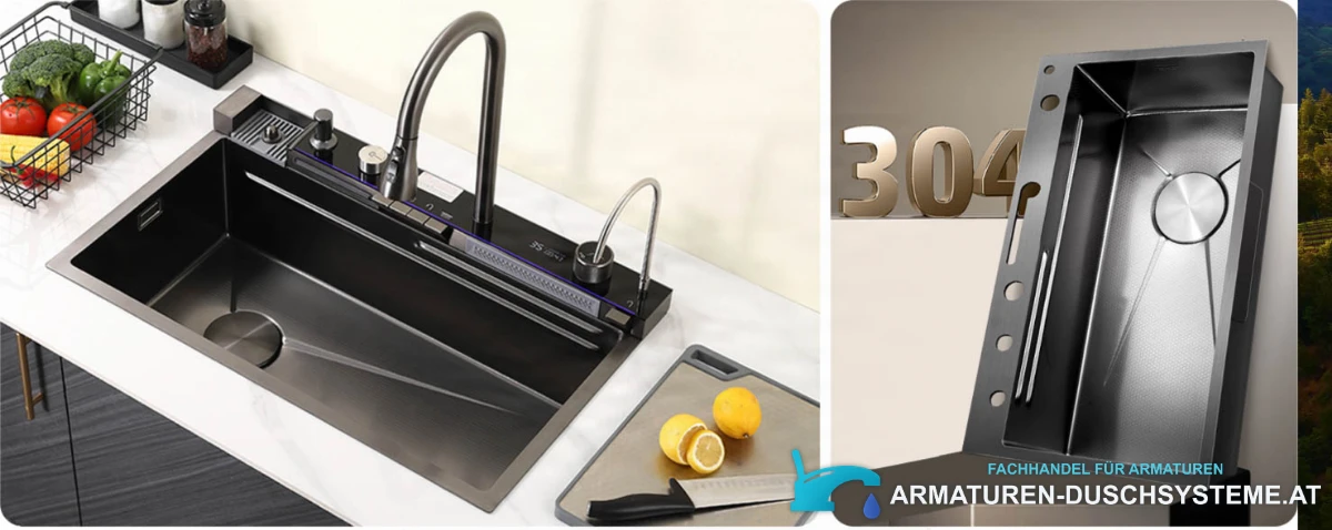 Küchenspüle ELITE EDITION KS2199 – schwarzes Einzelbecken mit Armaturenplattform
