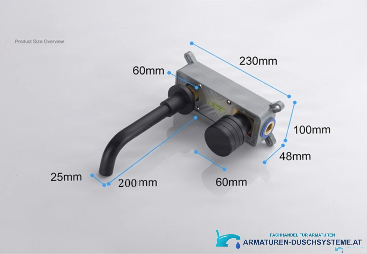 Maße der Unterputzarmatur ELITE EDITION BSW1447: Körper 230 × 100 × 48 mm, Auslauf 200 mm