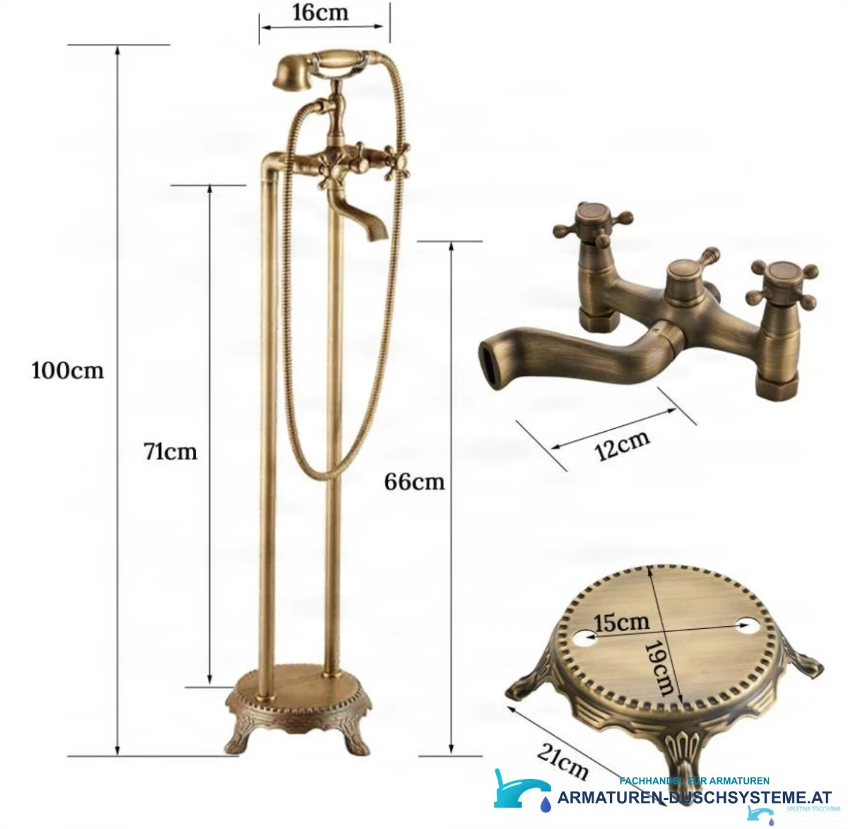 Freistehende Wannenarmatur AQF2016: Höhe 100 cm, Sockel 21 cm