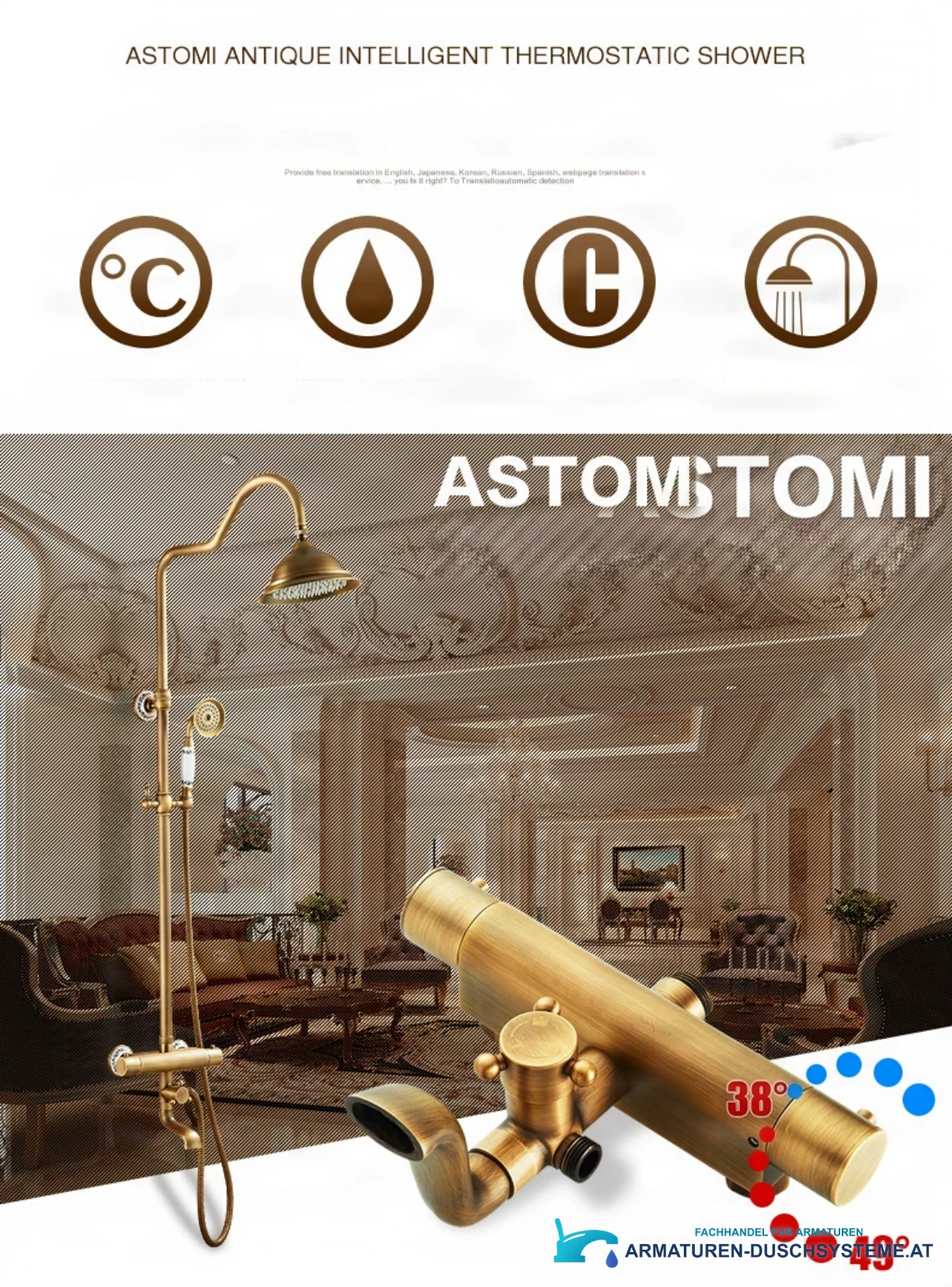 Spezifikationen Aufputz-Duschsystem ATS1155: Thermostat, Kopfbrause, Handbrause und Wannenauslauf