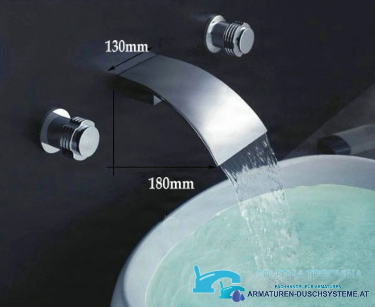 Spezifikationen der Wandarmatur SU2500 mit Wasserfallauslauf: Maßangaben 130 mm und 180 mm