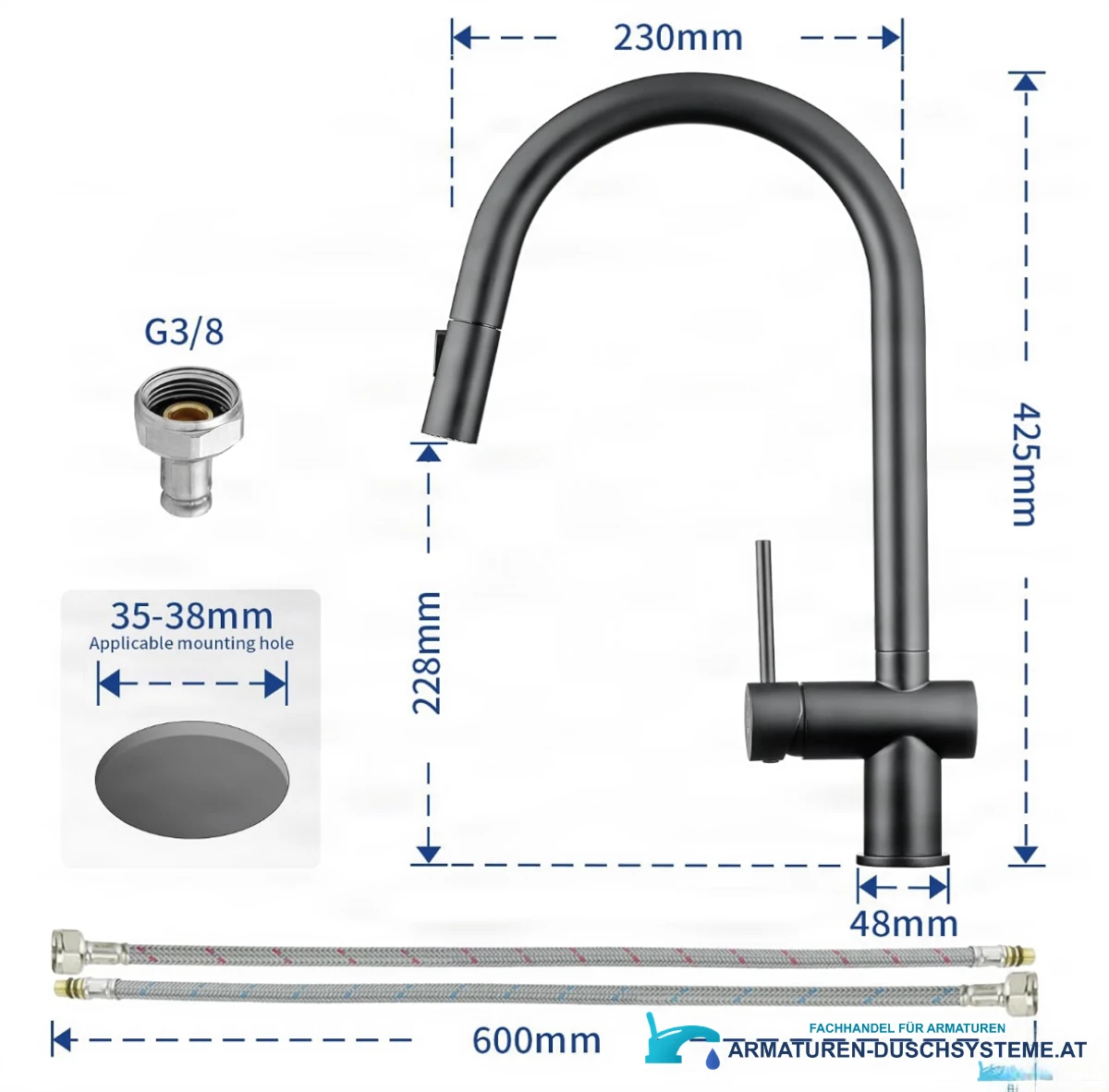 Spezifikationen der Küchenarmatur KL1109: Mattschwarz, 425 mm Höhe, G3/8-Anschluss