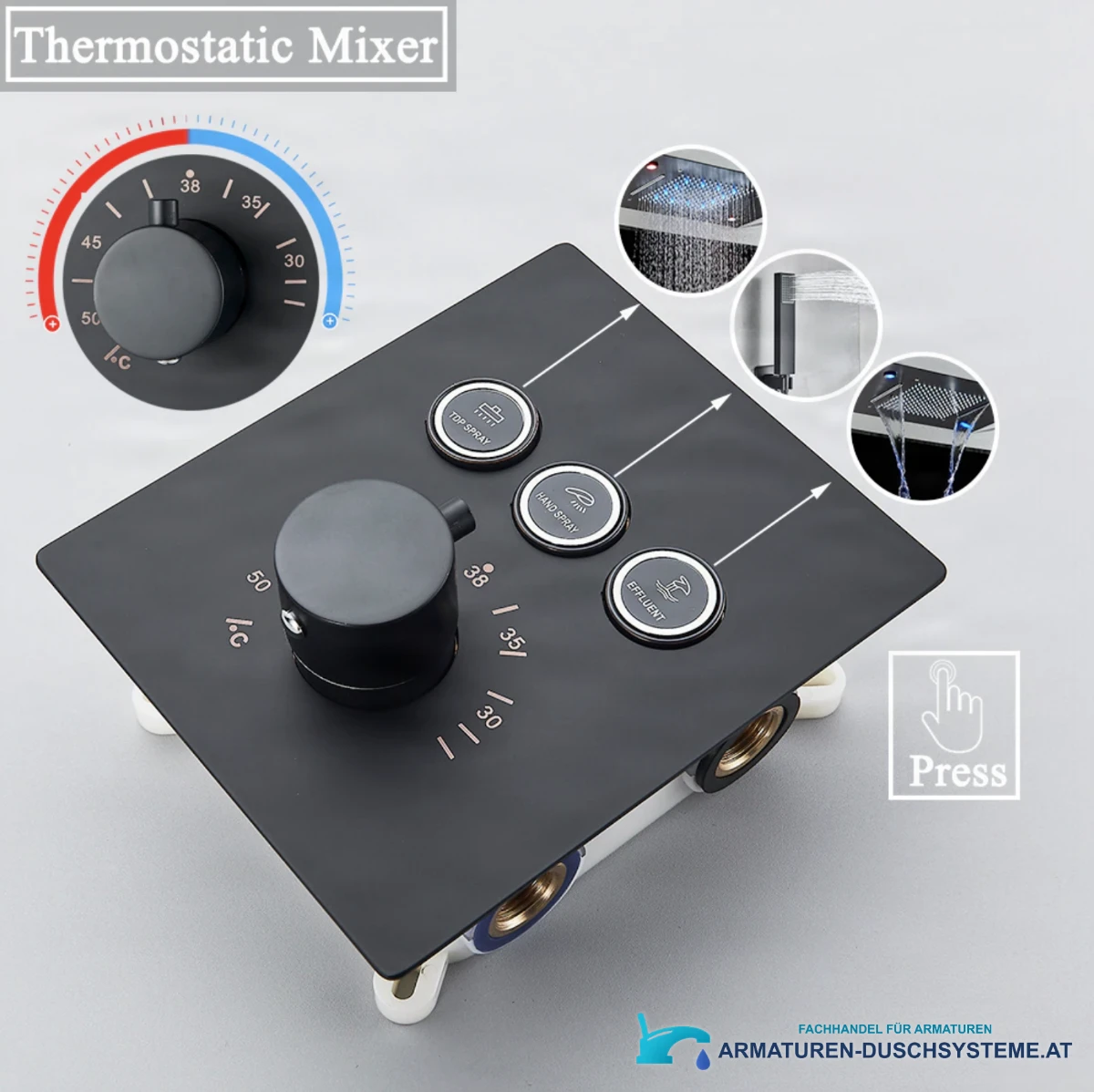 Funktionen des Unterputz-Duschsystems PT8899: Thermostat und drei Auswahltasten