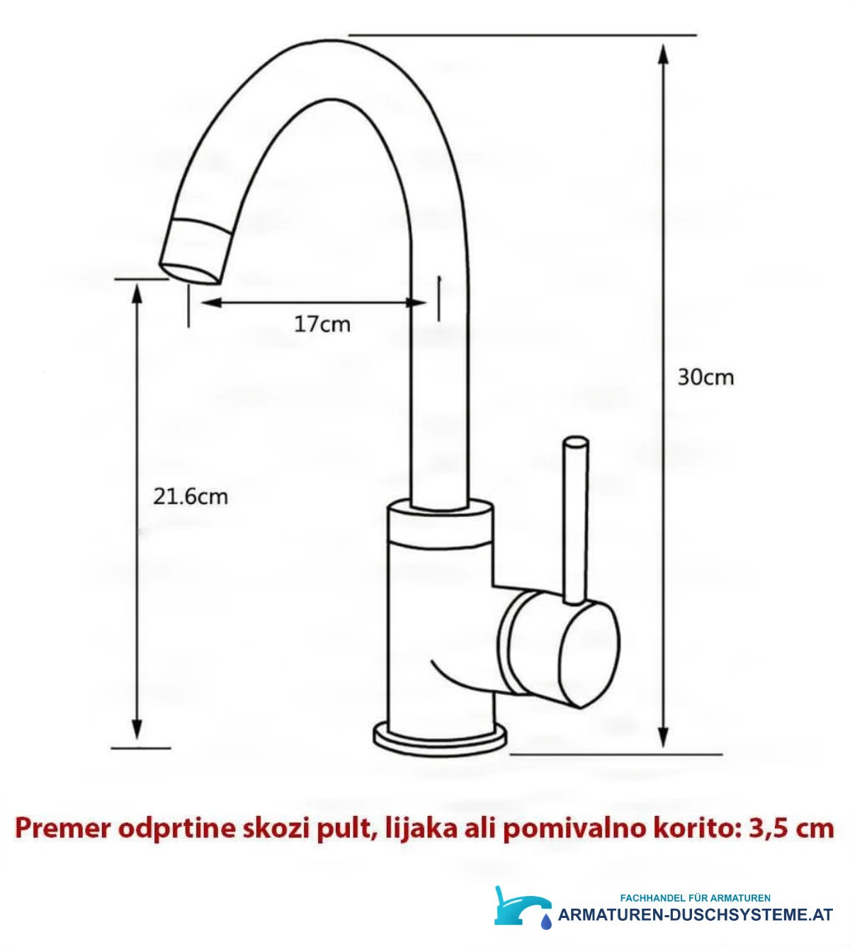 Technische Zeichnung der Niederdruck-Küchenarmatur EYN NT1255 mit 30 cm Höhe und 17 cm Ausladung