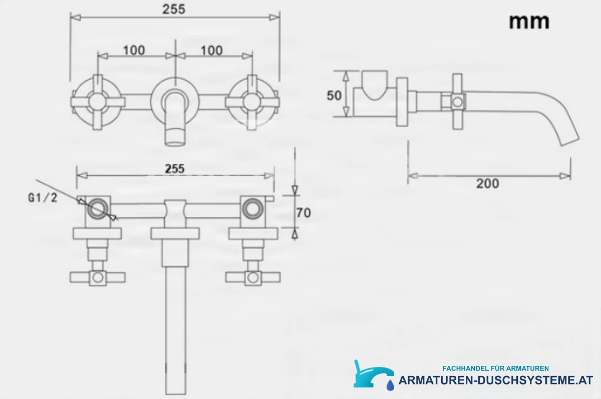 Technische Zeichnung der LED-Waschtischarmatur EYN SU0167 (255 mm, Auslauf 200 mm, G1/2)