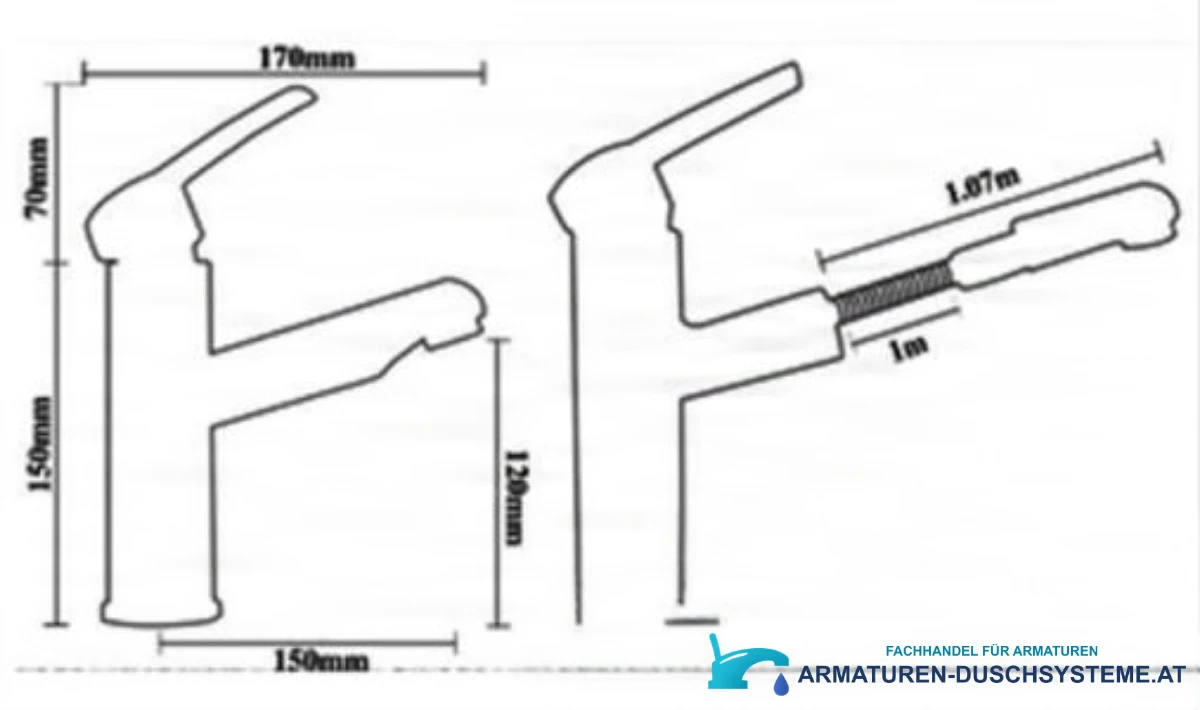 Technische Zeichnung der ausziehbaren Badarmatur KZI8705 mit 170 mm Ausladung und 1,07 m Schlauch