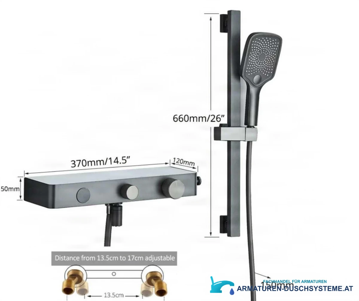 Technische Zeichnung der Luxus-Badarmatur BBT1429 (370 × 120 × 50 mm, Duschstange 660 mm)