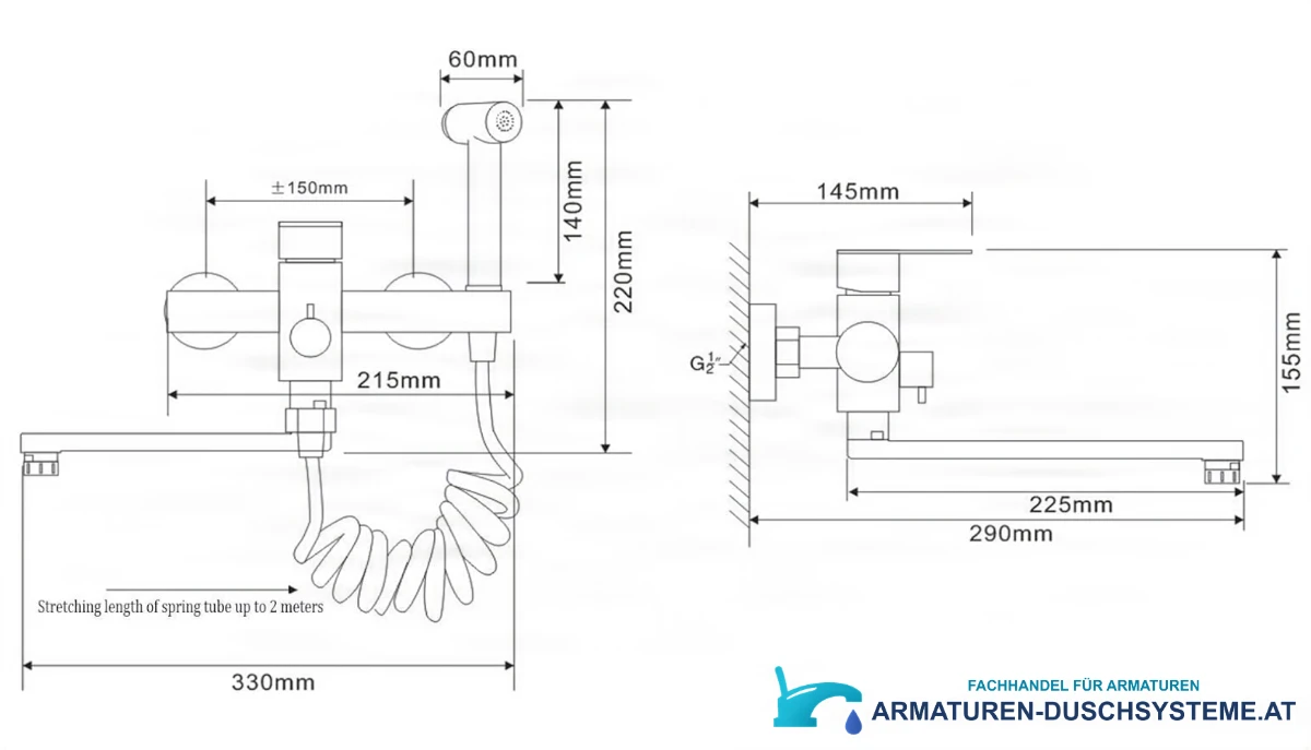 Technische Zeichnung der Wand-Küchenarmatur EYN WK1124 (290×155 mm, G1/2)