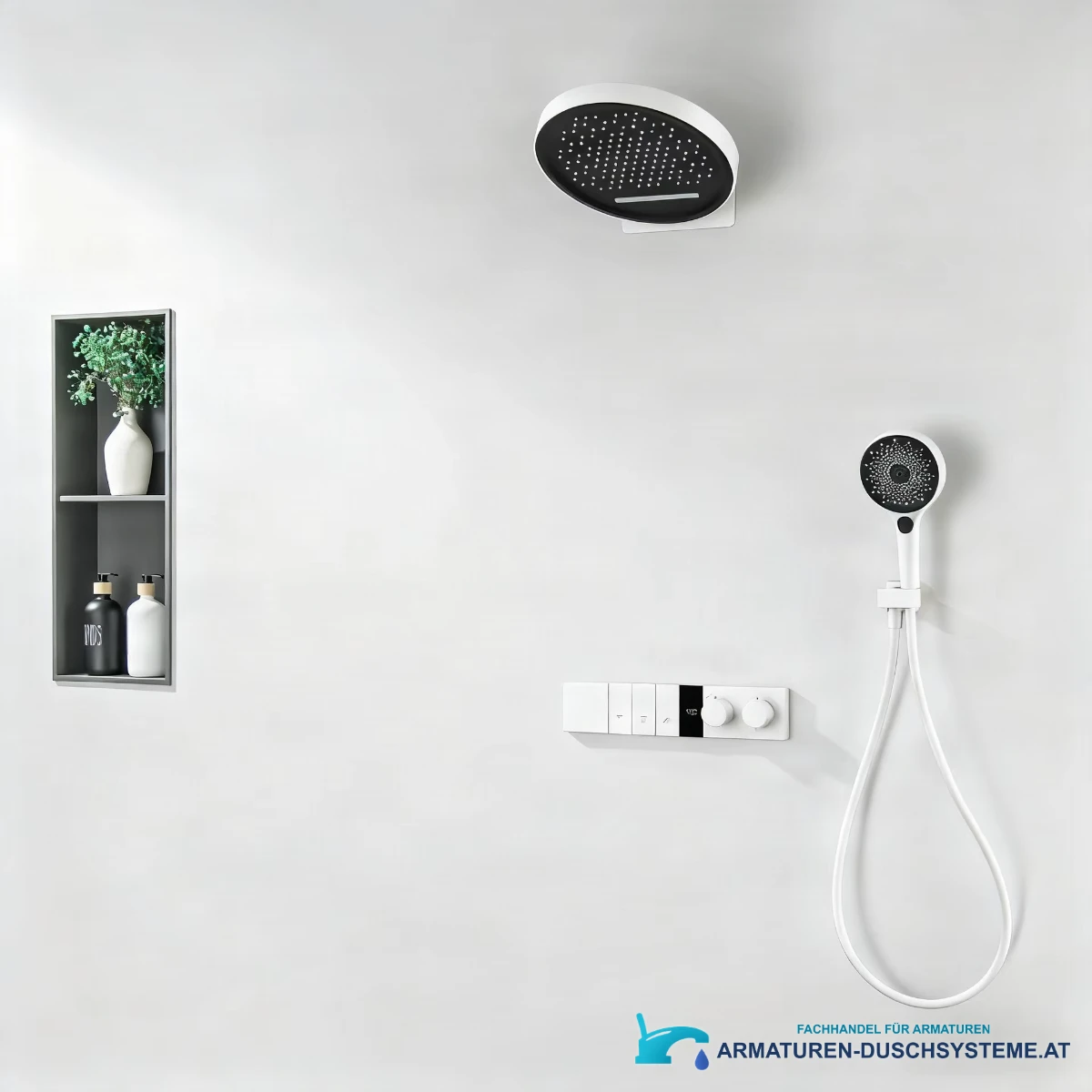 Unterputz-Duschsystem ELITE EDITION BSC1305 in weißer Dusche mit Kopfbrause