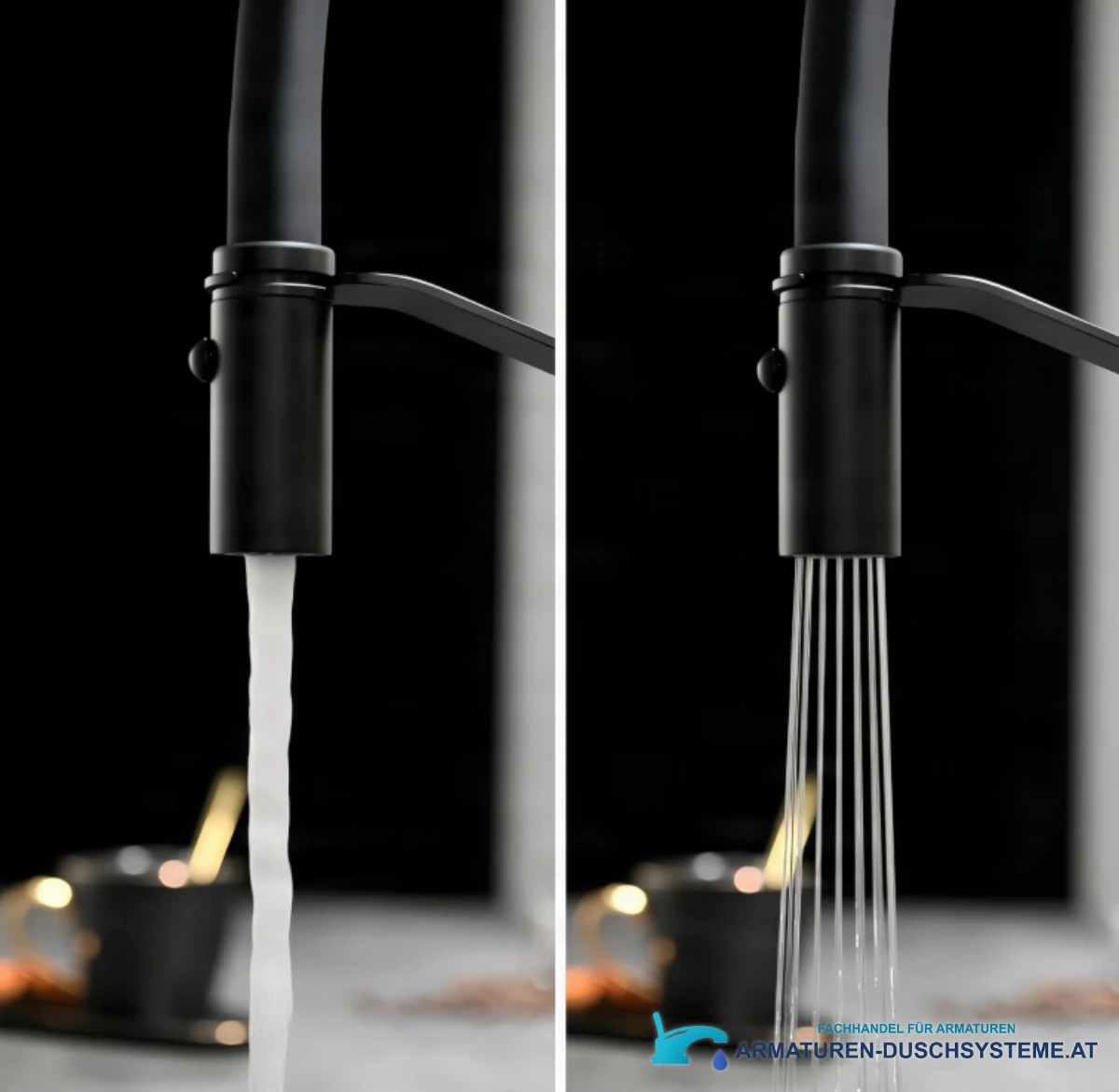 Detail der schwarzen Zweistrahlbrause der Küchenarmatur ELITE EDITION KW1202