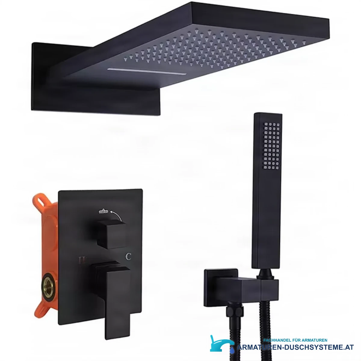 Luxuriöses schwarzes Messing-Duschsystem ELITE EDITION BSC1682 mit Wasserfall- und Regenfunktion, mattschwarz