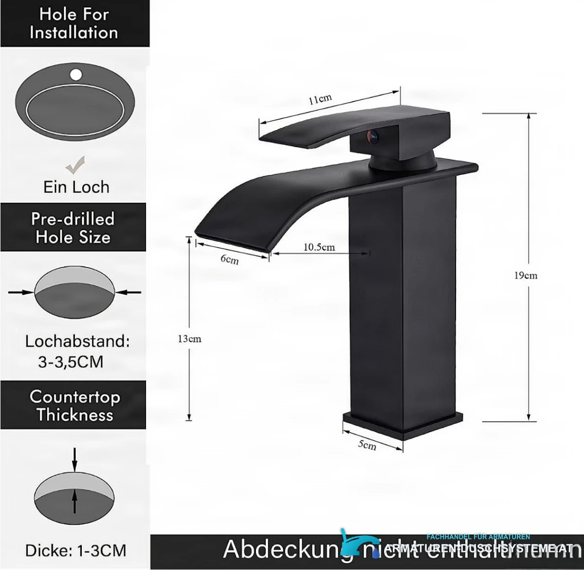 Technische Zeichnung der Waschtischarmatur EYN103 mit 19 cm Höhe und 10,5 cm Ausladung