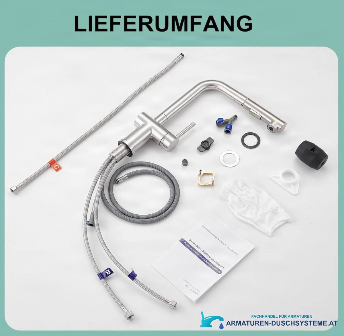 Lieferumfang der Niederdruck-Küchenarmatur NTB2003 mit Schläuchen und Montagezubehör