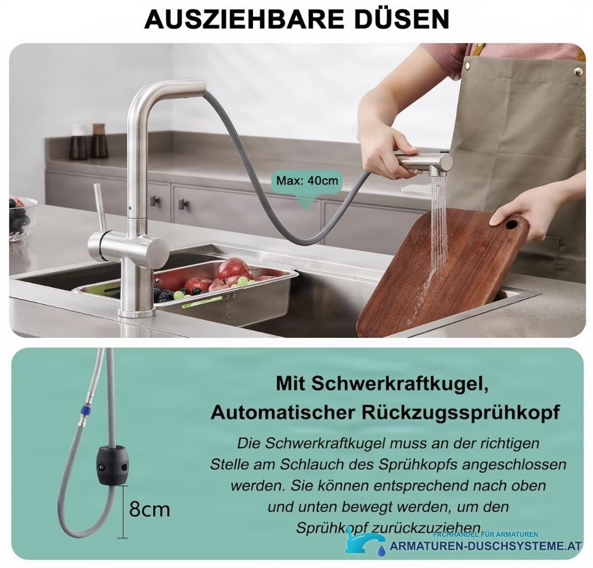 Ausziehbarer Brausekopf der Niederdruck-Küchenarmatur EYN NTB2003 mit 40 cm Reichweite