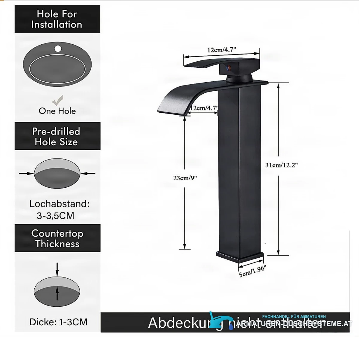 Technische Zeichnung der Waschtischarmatur EYN103 (31 cm, 23 cm, 12 cm, Bohrung 3–3,5 cm)