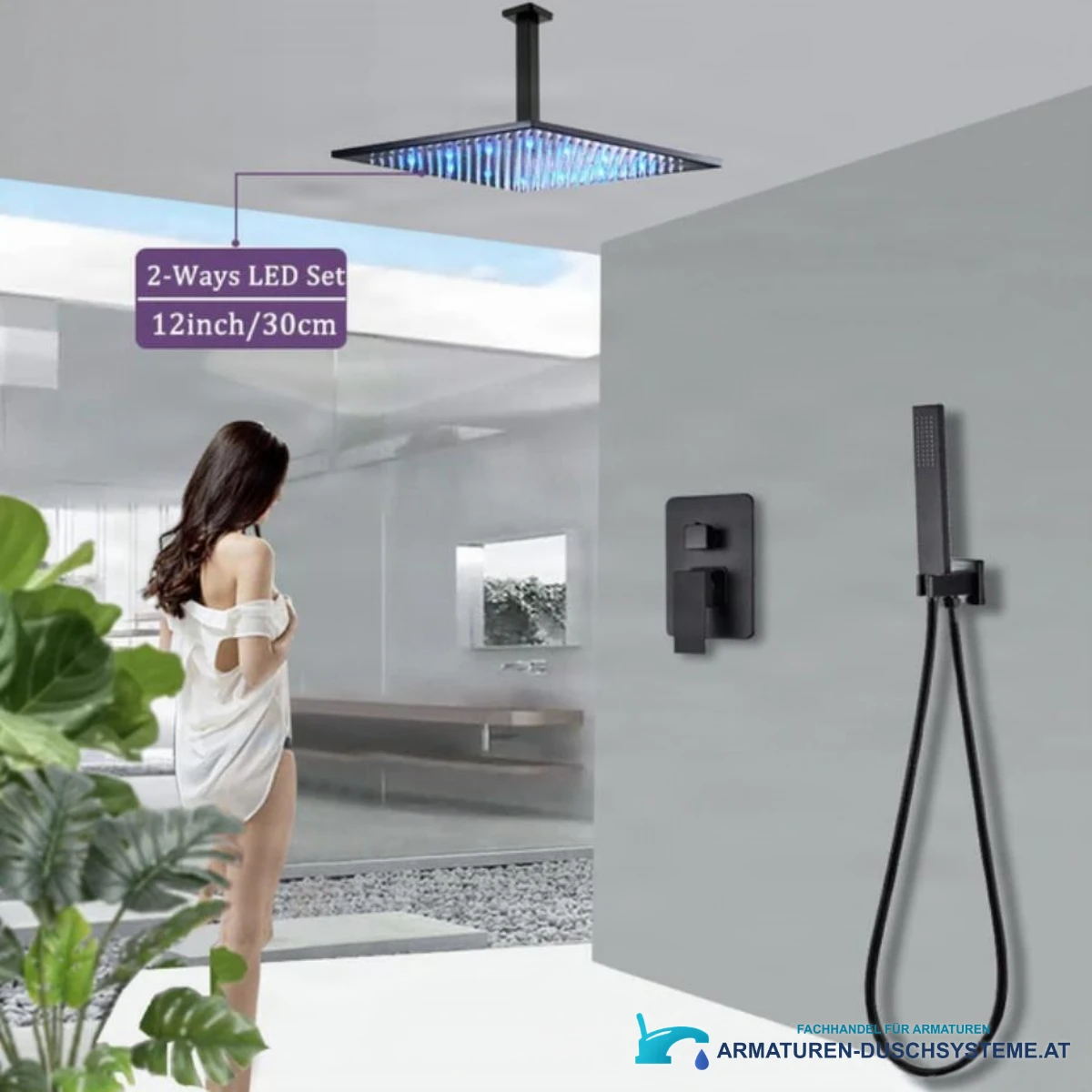 LED-Unterputzduschsystem PT50089 in Mattschwarz mit blau beleuchteter Kopfbrause