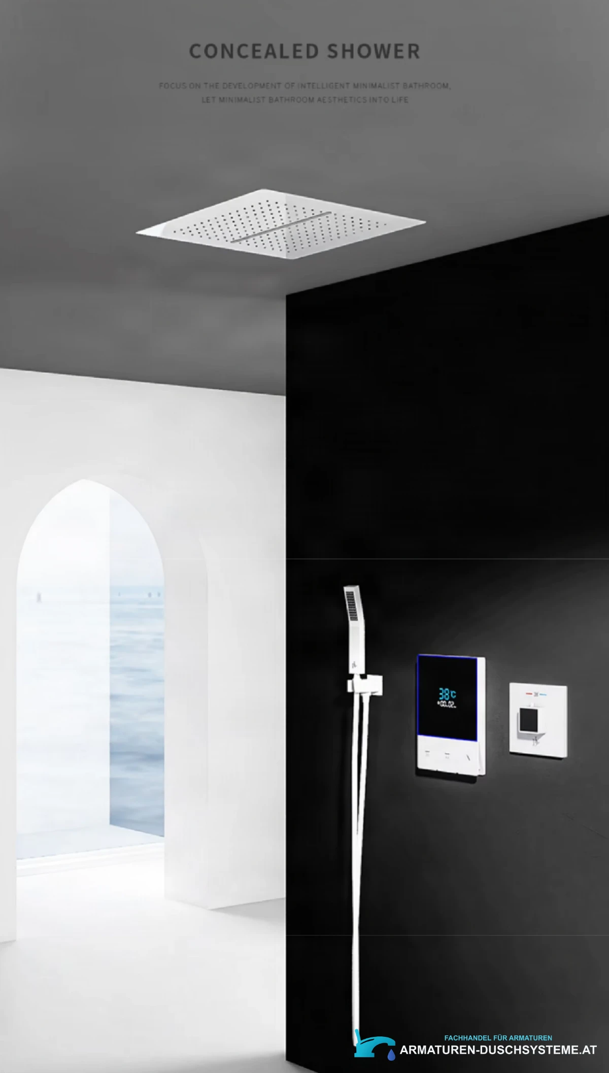 Unterputz-Duschsystem ELITE EDITION BCS1721 in einem schwarz-weißen Badezimmer