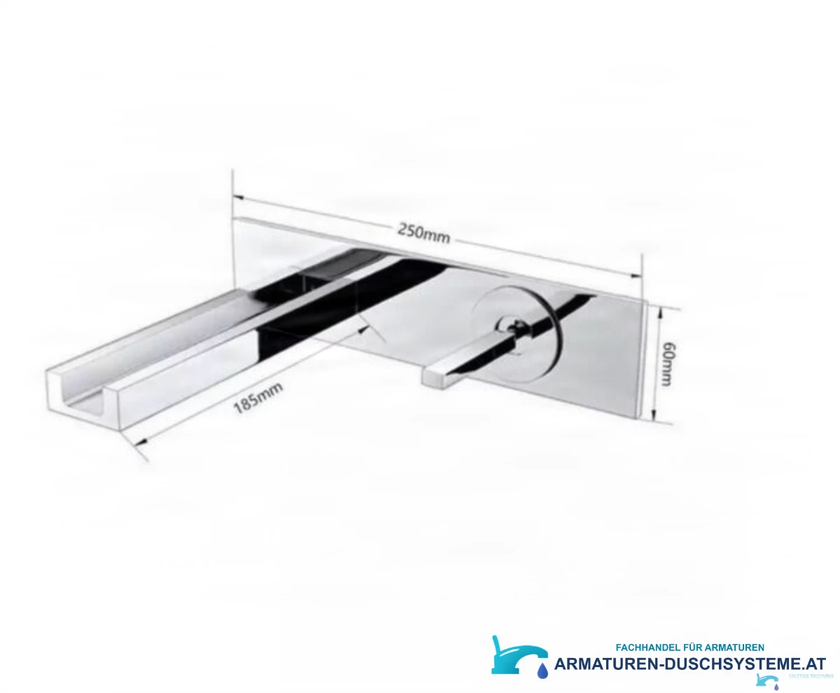 Technische Zeichnung der LED-Wand-Wasserfallarmatur WLED1454 (250 × 60 mm, Ausladung 185 mm)