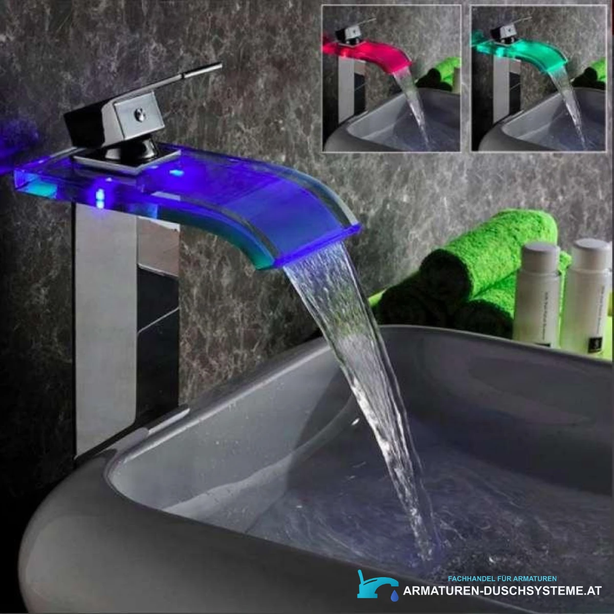 Badarmatur EYN x013 woo-986 in poliertem Chrom mit blau beleuchtetem Wasserfallauslauf