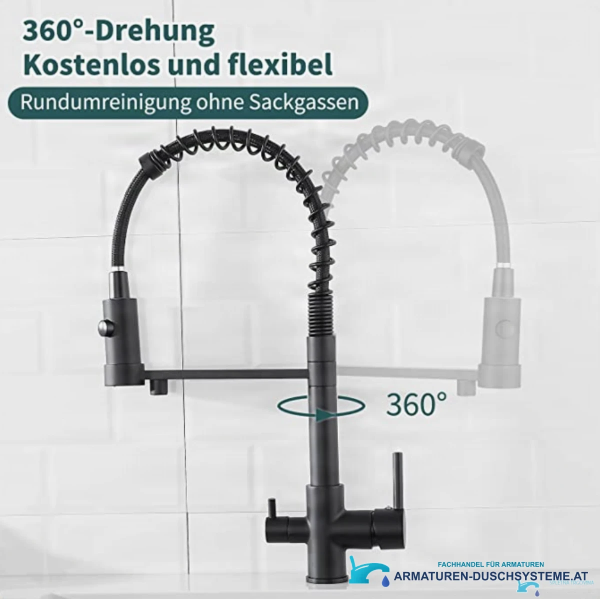 Funktionen der Dreiwege-Küchenarmatur KF1459: flexibel und um 360 Grad schwenkbar