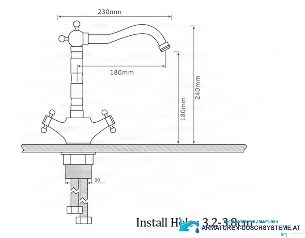 Technische Zeichnung der antiken Waschtischarmatur ANT2309 (230 × 240 mm)