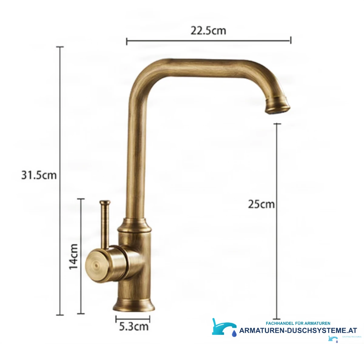 Technische Maße der antiken Armatur AQ1829 (31,5 cm hoch, 22,5 cm Ausladung)