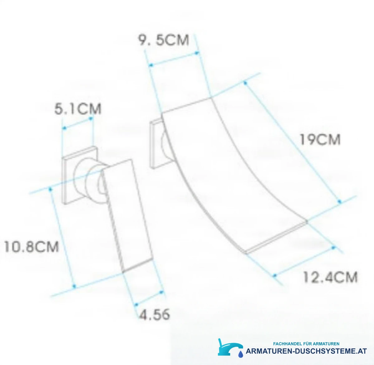 Technische Zeichnung der Wasserfall-Wandarmatur SU3875 mit Auslauf 19 × 12,4 cm