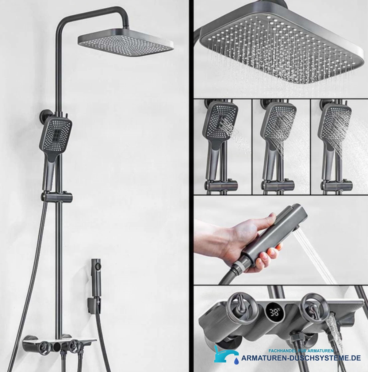 Spezifikationen des thermostatischen digitalen Duschsets ELT1104: Regendusche, Handbrause und Auslauf