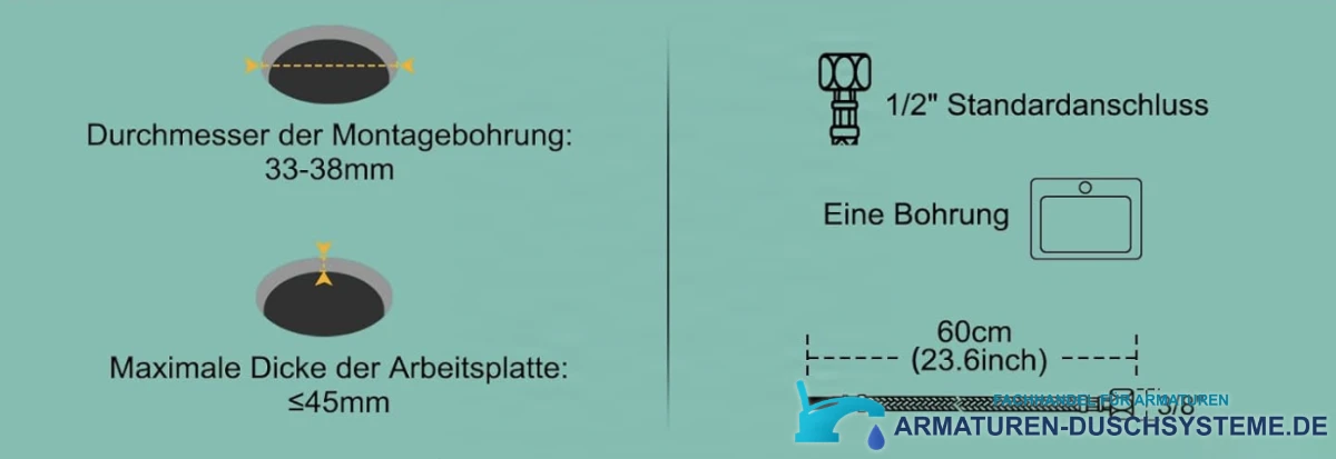 Spezifikationen der Niederdruck-Küchenarmatur NTB2003: Bohrung 33–38 mm, Anschlüsse 1/2 und 3/8 Zoll
