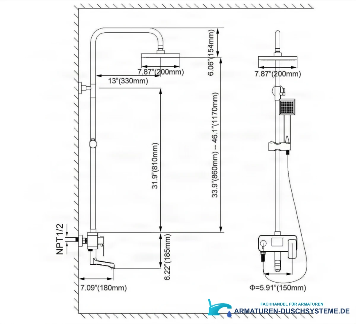 Technische Zeichnung des Duschpaneels EYN NTD0341 (860–1170 mm, Kopfbrause 200 mm, NPT 1/2)