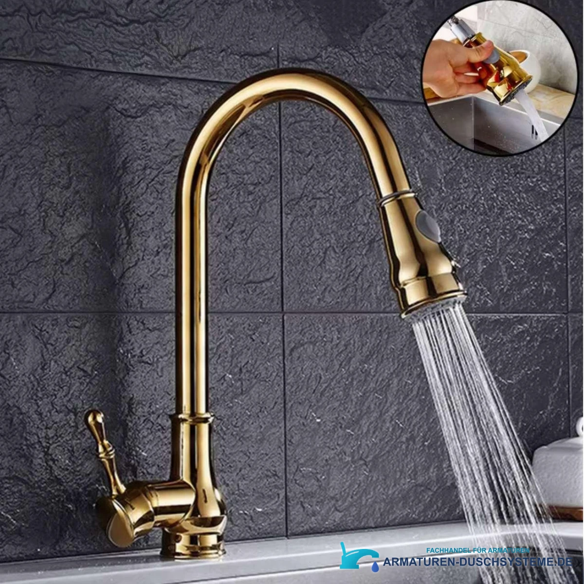 Ausziehbare Küchenarmatur KZI5176 mit breitem Brausestrahl und goldfarbener Hochglanzoberfläche