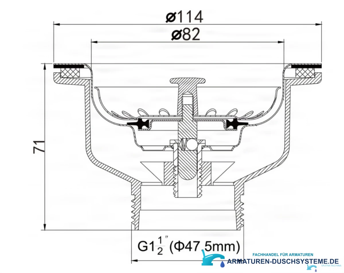 Technische Zeichnung des Spülenablaufs EYN GBP1504 mit Ø 114 mm, Höhe 71 mm und G1½