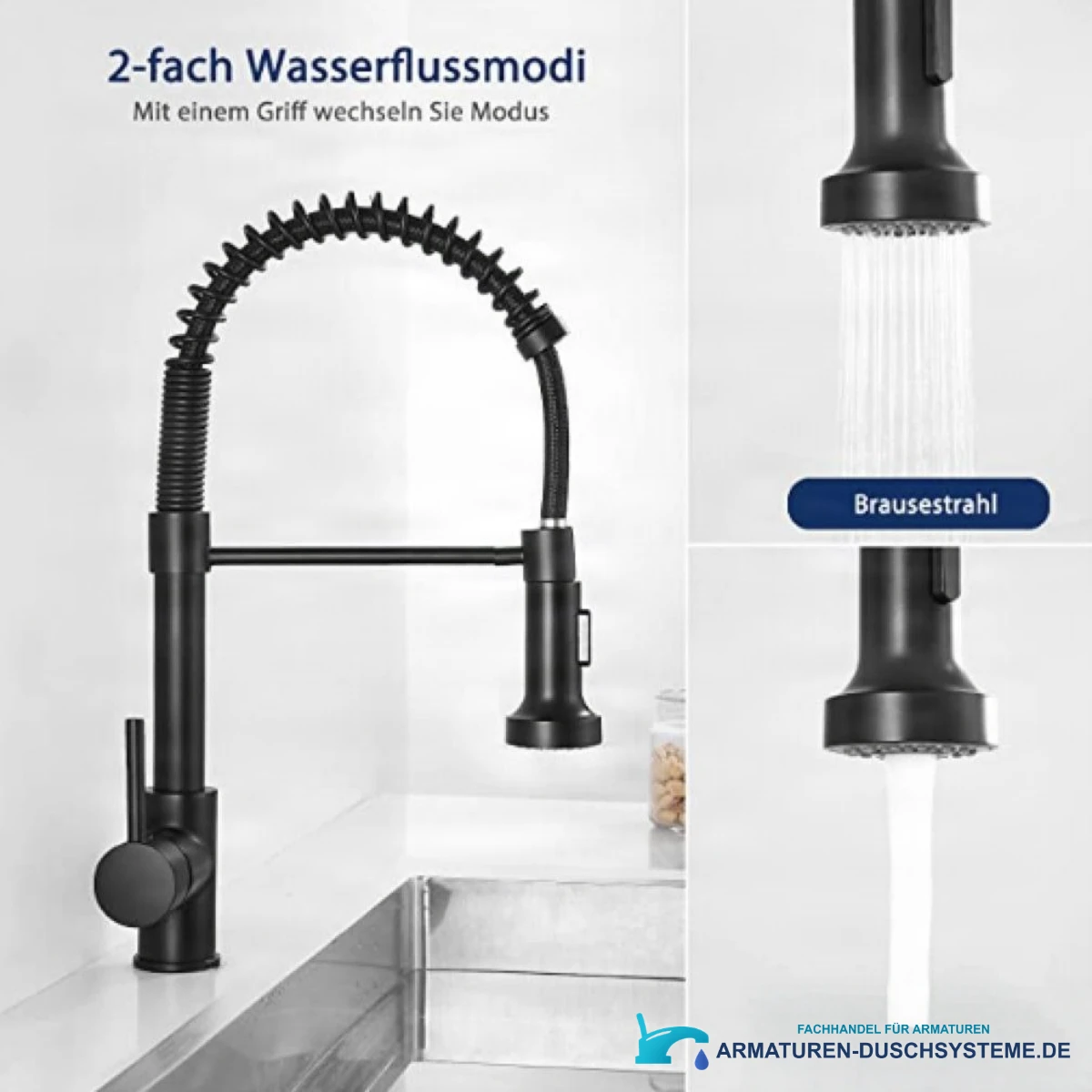 Funktionen der Niederdruck-Küchenarmatur NT1437: Brausestrahl und Perlstrahl