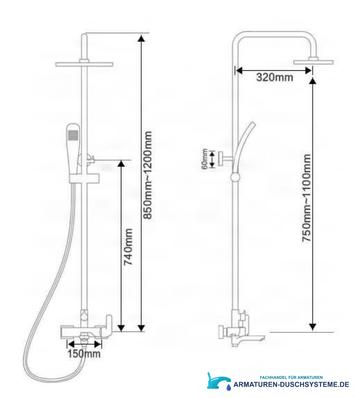Technische Zeichnung des Duschsystems EYN NTA1601 (850–1200 mm, Ausladung 320 mm)