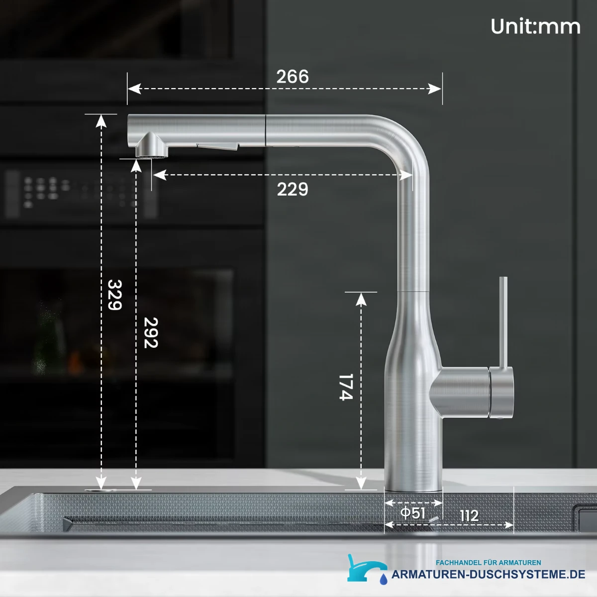Technische Zeichnung der CECIPA MAX Küchenarmatur ELITE EDITION KF1699 mit 329 mm Höhe