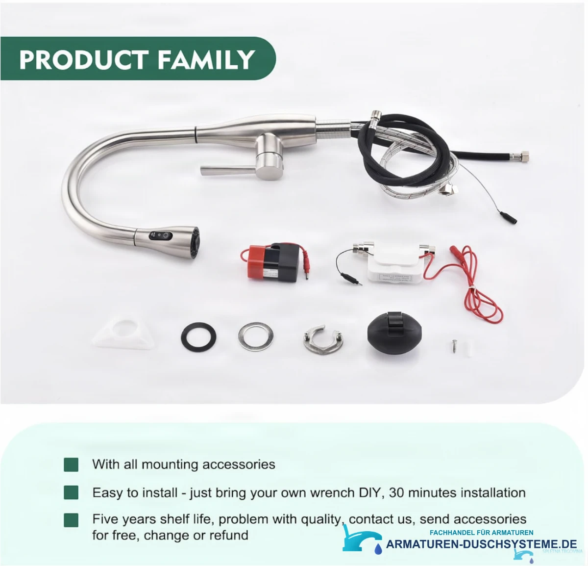 Smarte Küchenarmatur KFS1428 mit Schläuchen, Sensormodulen und Montagezubehör