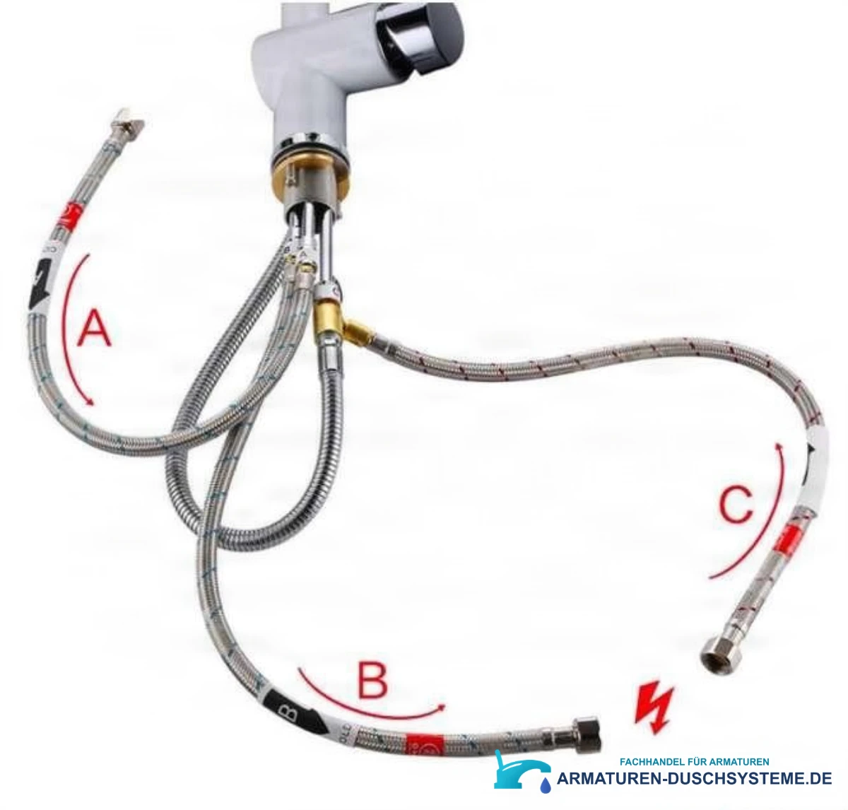 Anschlüsse der Niederdruck-Küchenarmatur NT1602 mit drei flexiblen Schläuchen A, B und C