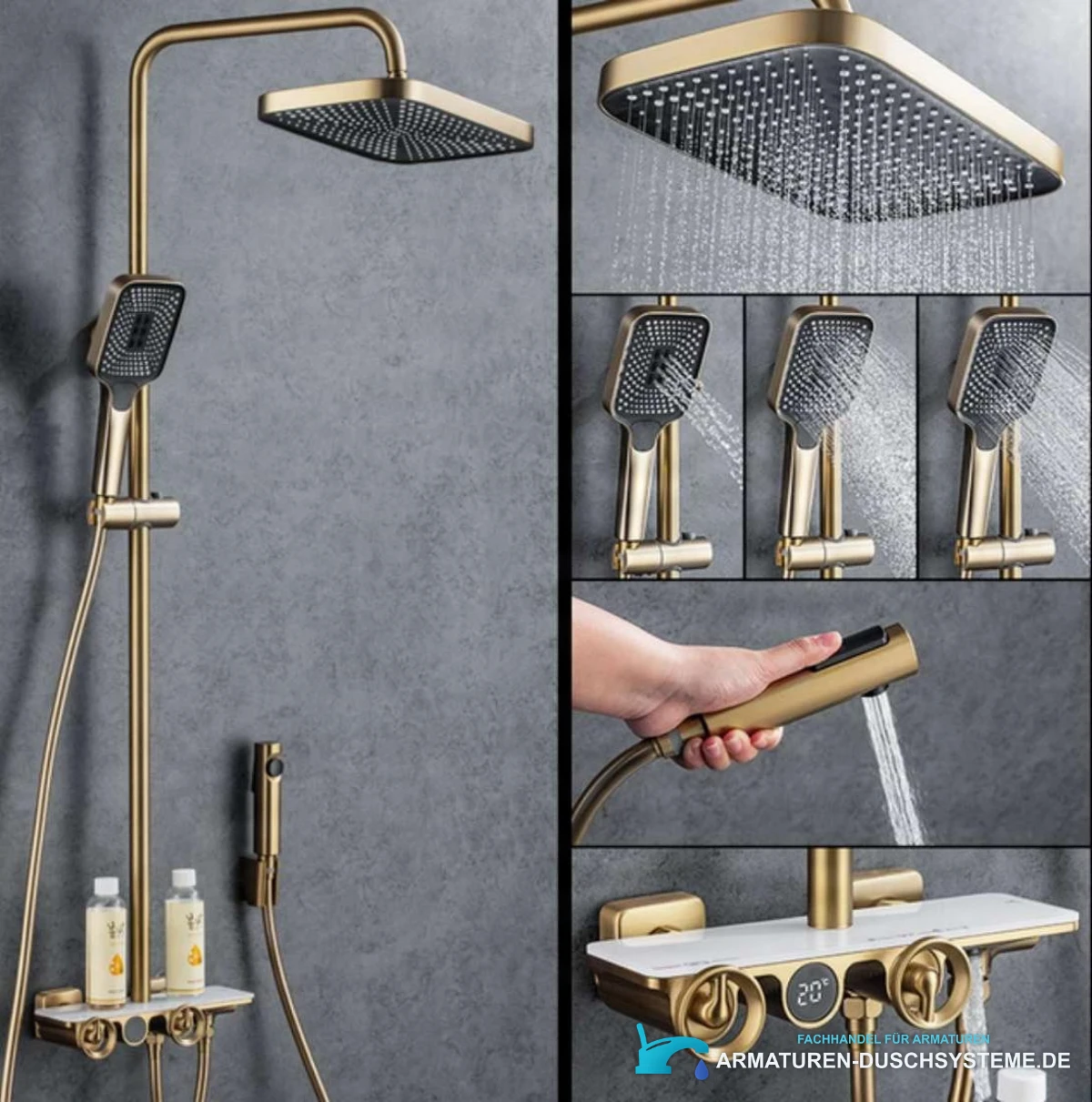 Spezifikationen Thermostat-Duschsystem ELT1104 in gebürstetem Gold mit Strahlfunktionen