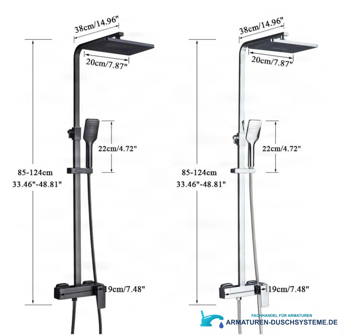 Technische Zeichnung Aufputz-Duschsystem BT1048 (85–124 cm, 38 cm, 20 cm)
