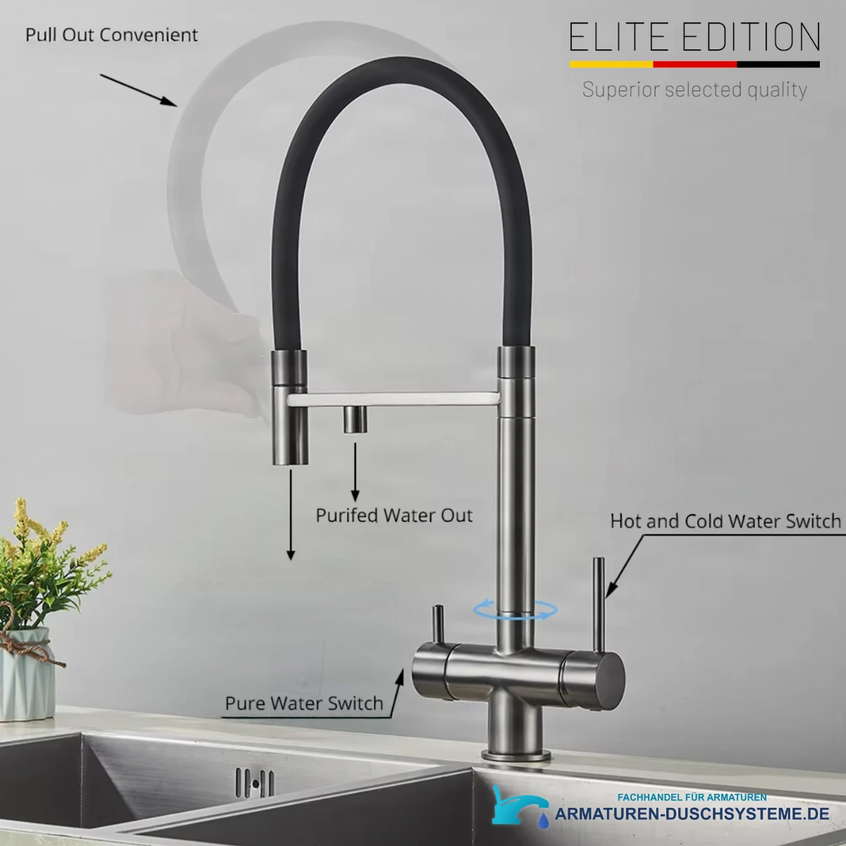 Funktionen der Filter-Küchenarmatur Elite Edition KA1643 mit zwei Wasserauslässen