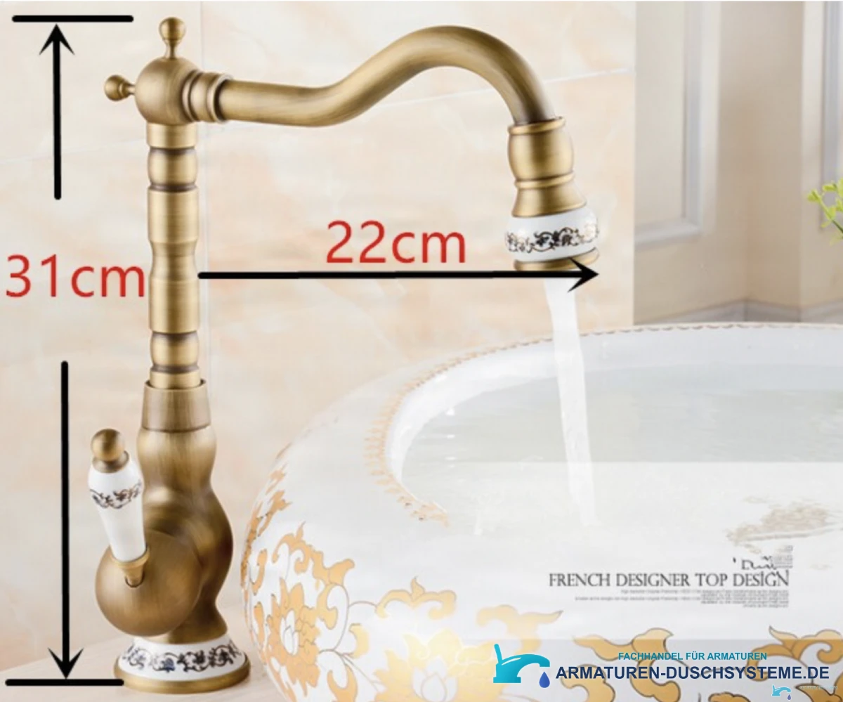 Maße der antiken Armatur BV46982 mit Keramikeinsatz: 31 cm hoch und 22 cm weit