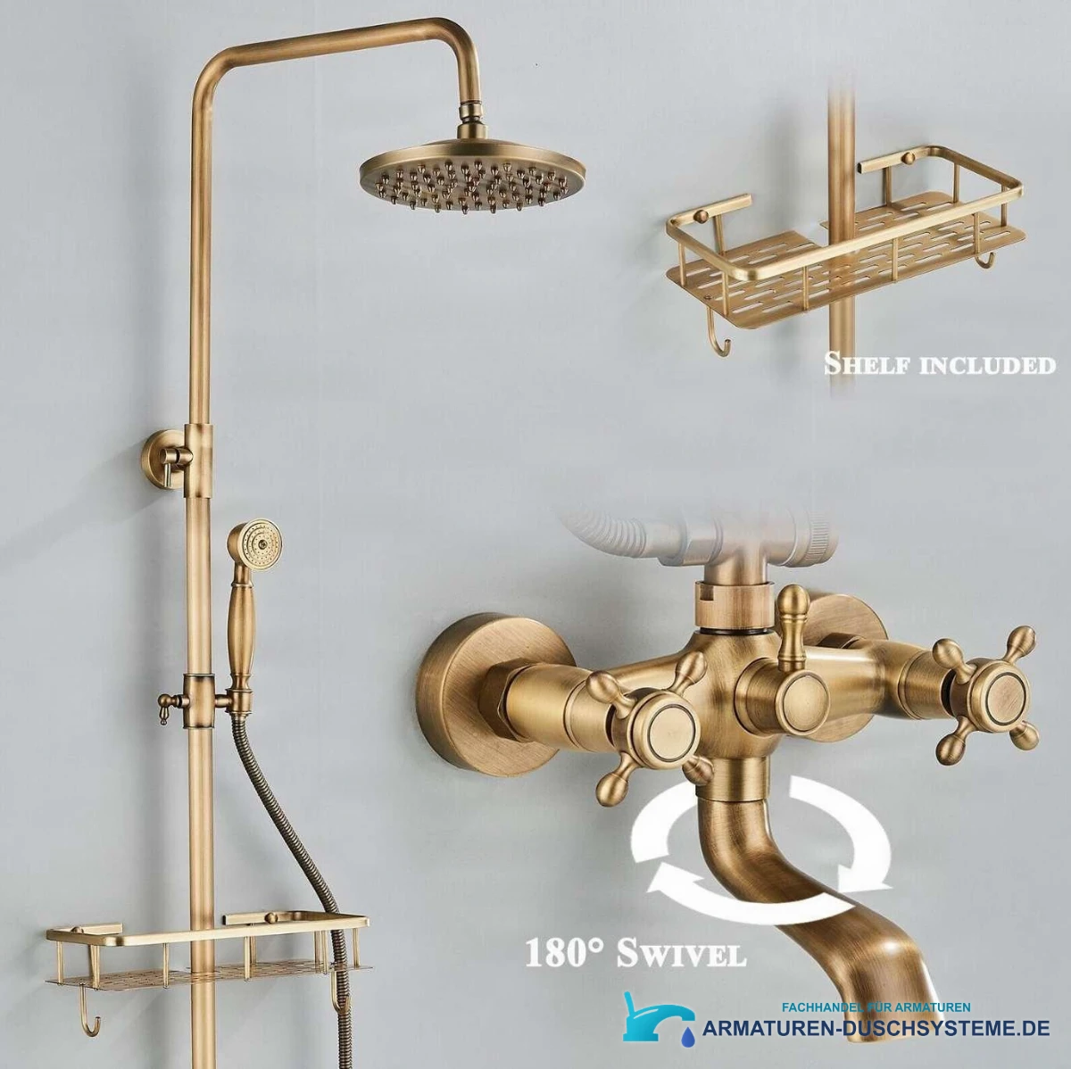 Details des Aufputz-Duschsystems EYN AT1442 woo-3100 mit Ablage und schwenkbarem Auslauf