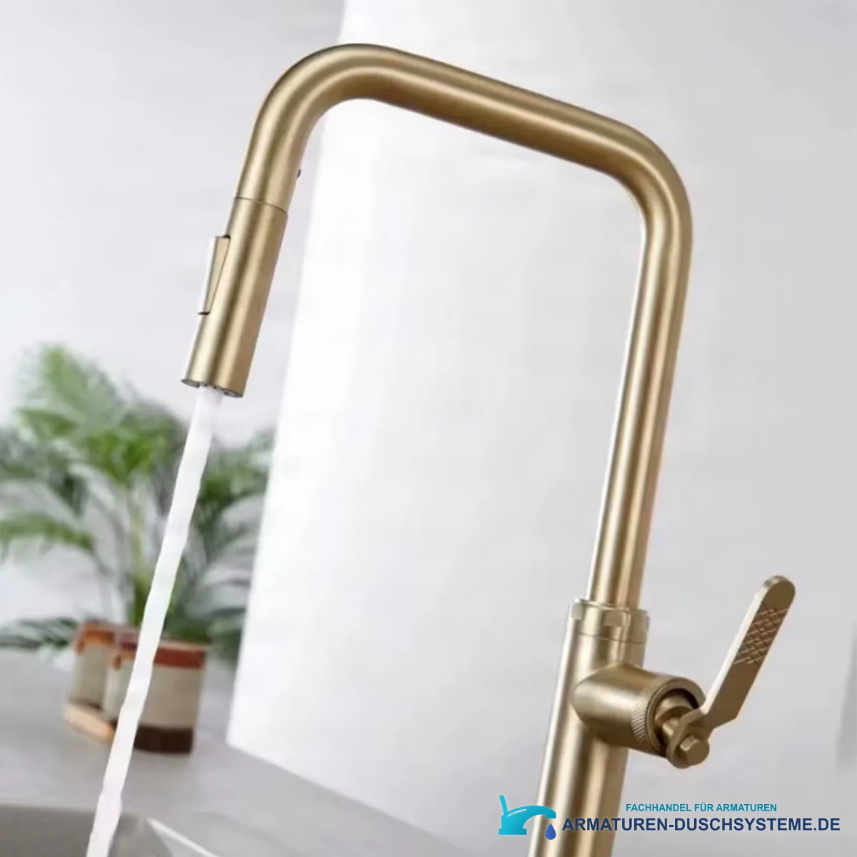 ELITE EDITION KF1692 im Einsatz: Küchenarmatur in Gold gebürstet mit Wasserstrahl