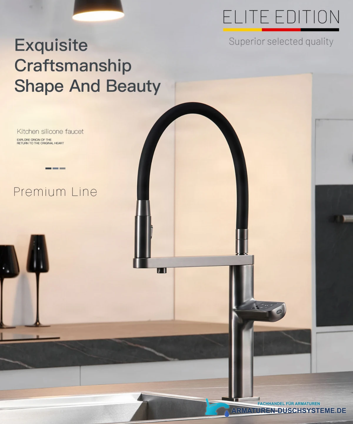 Luxus-Küchenarmatur ELITE EDITION mit Sensor und Filterauslauf KFS1814 in gebürstetem Graphitgrau