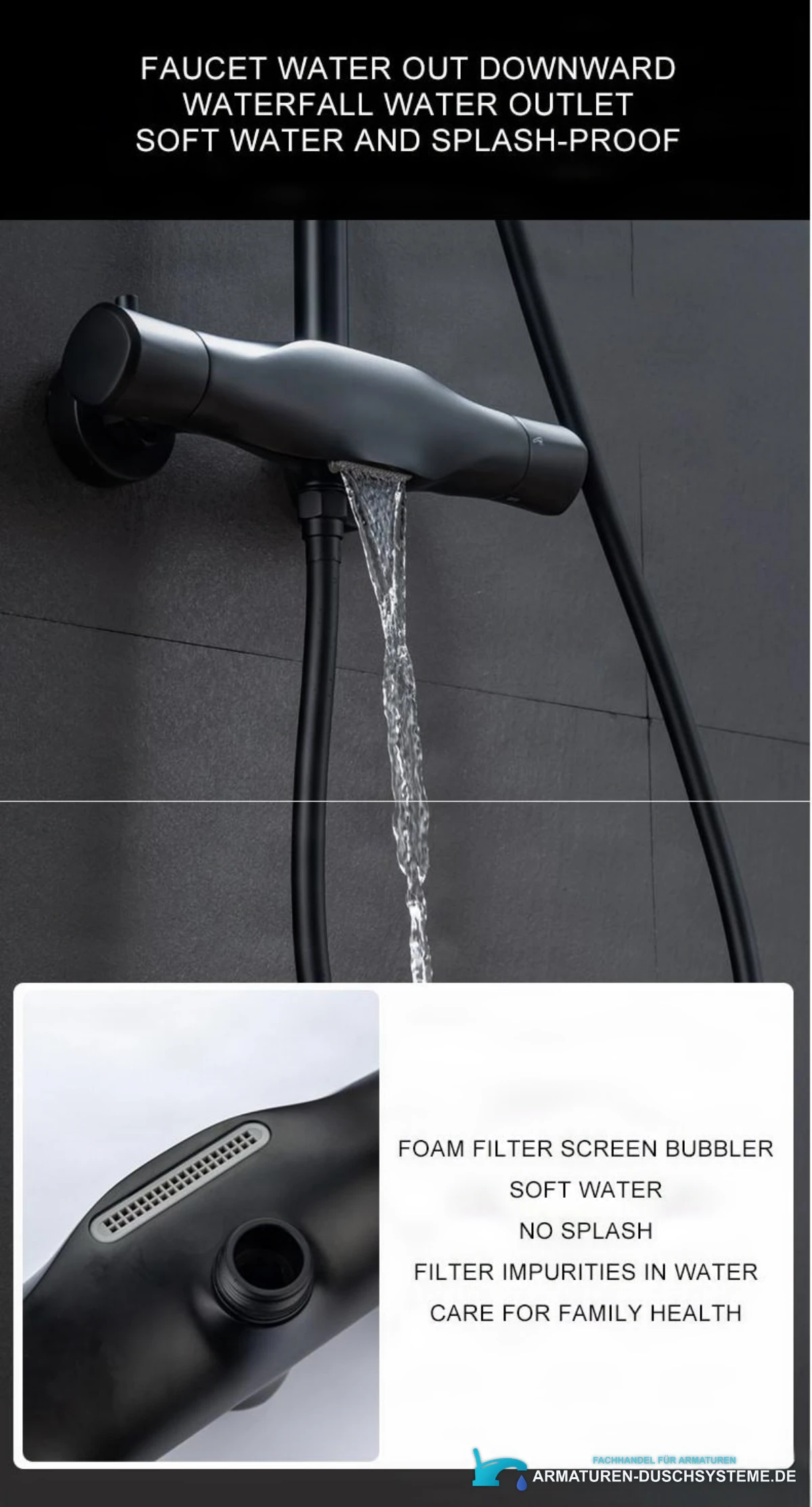 Details des Aufputz-Thermostat-Duschsystems EYN TB1845: Wasserfallauslauf und Strahlregler