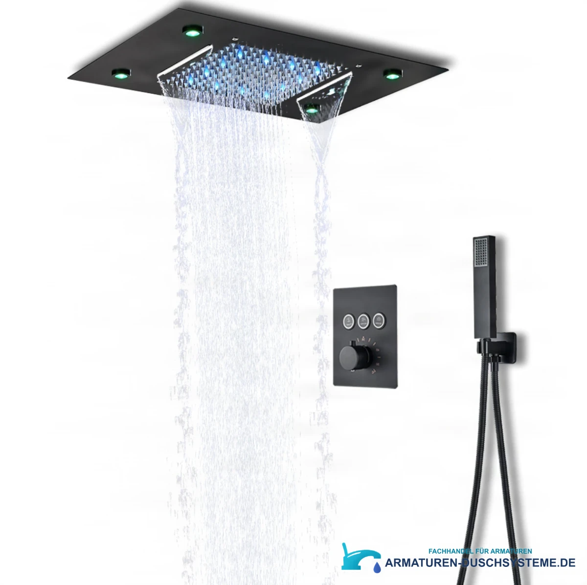 Unterputz-LED-Duschsystem PT8899 mit Regen- und Wasserfallbrause in Schwarz