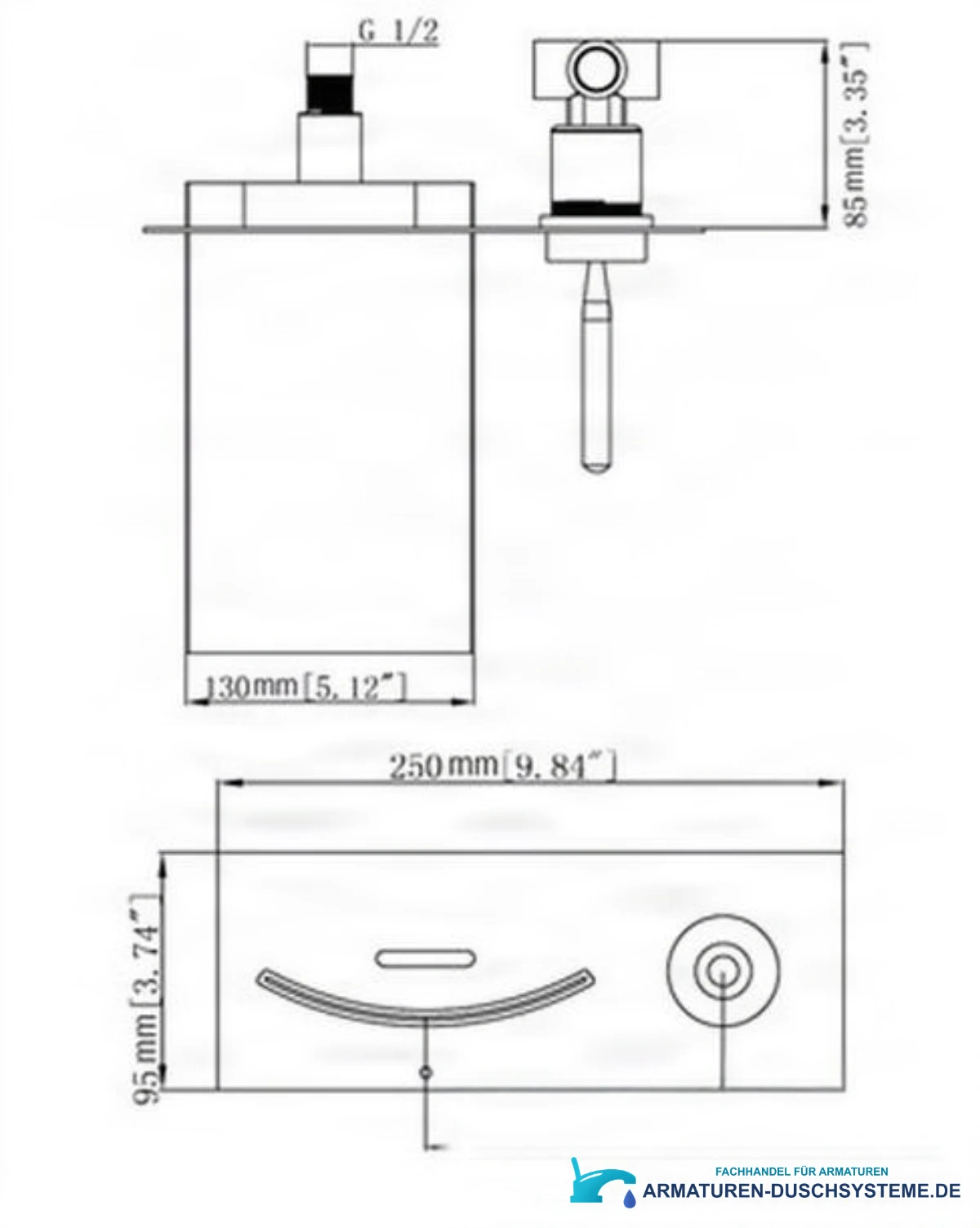 Technische Zeichnung der LED-Wandarmatur fürs Bad woo-1532 (250 × 95 mm, G1/2)