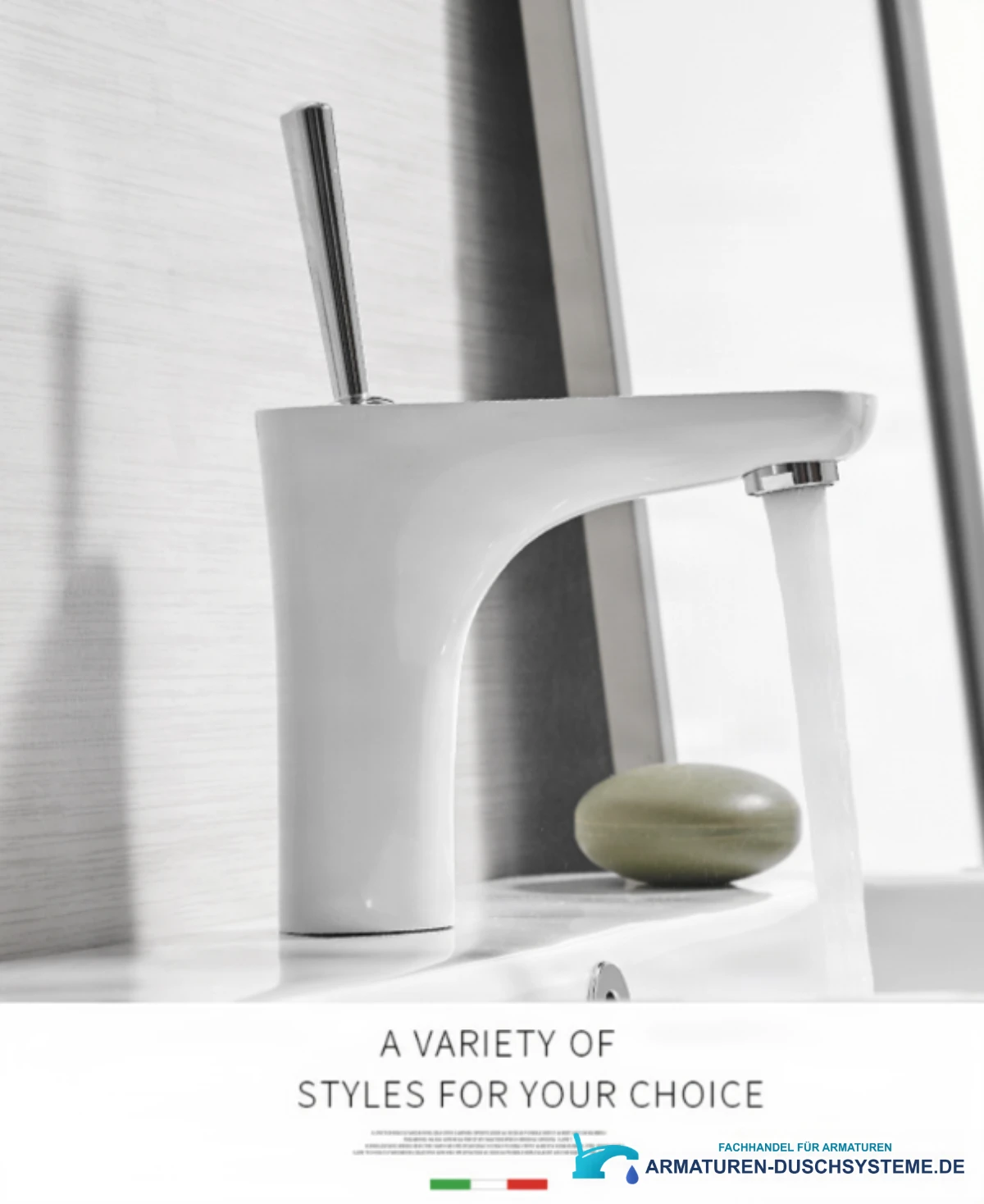 Elegante Badarmatur BKK1306 – seitliche Ansicht mit Wasserstrahl
