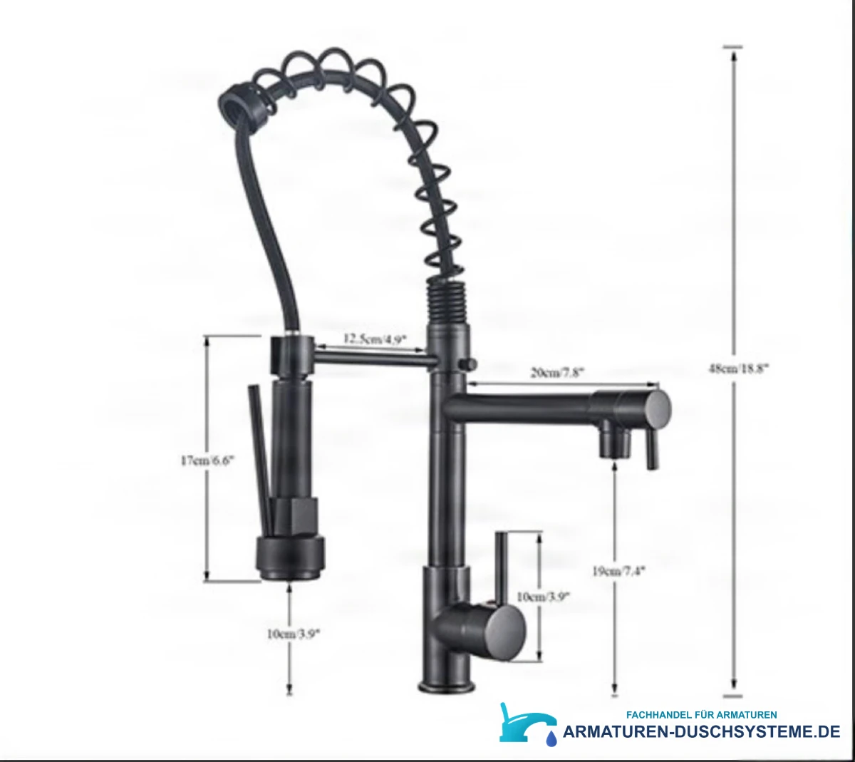 Technische Zeichnung der Küchenarmatur 0141b (48 cm Höhe, 20 cm Ausladung, 19 cm Auslaufhöhe)