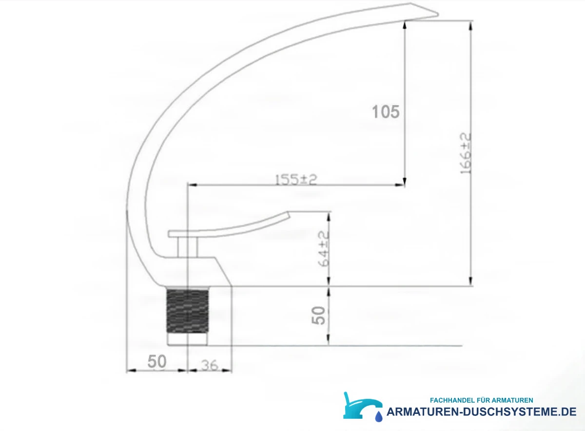 Technische Zeichnung der halbrunden Armatur KA72932 mit 166 × 155 mm
